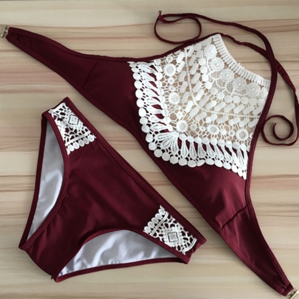 Chic Burgundy Lace Bikini Set